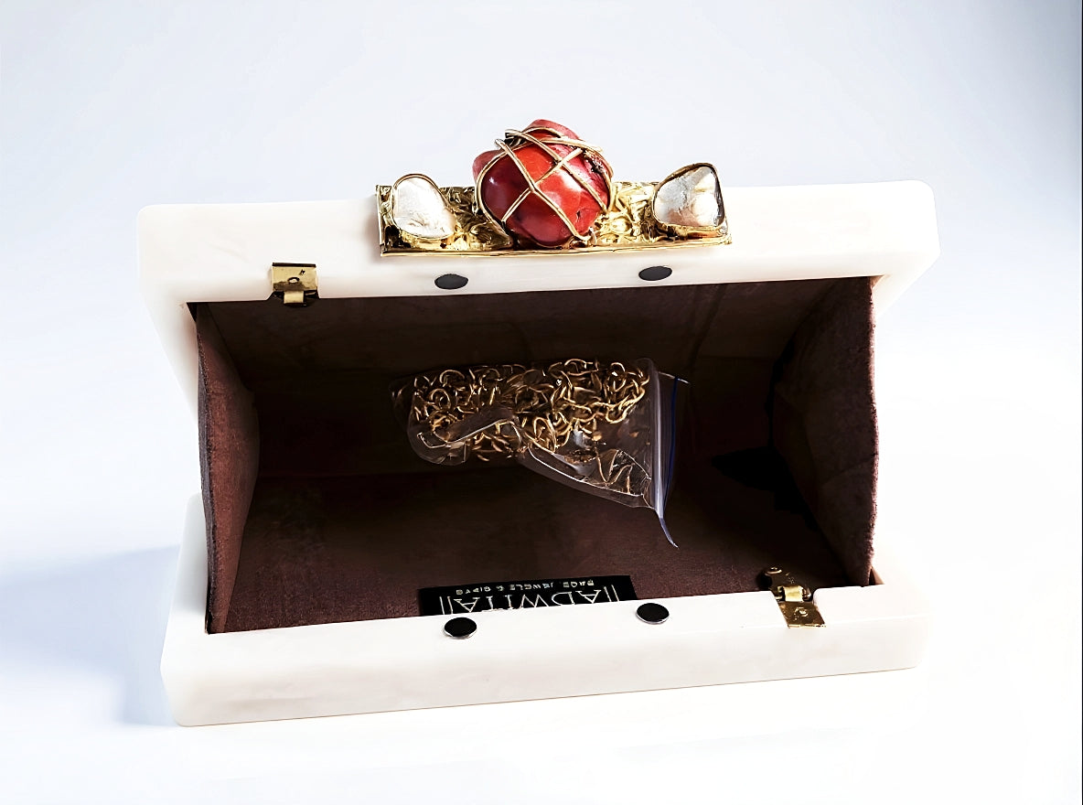 Gold and Stone Embellished White Resin Clutch