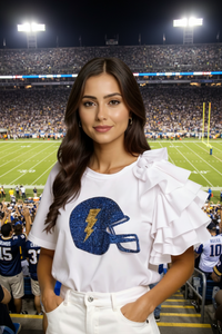 Blue and Gold Sequin Football Helmet Ruffle Sleeve Shirt