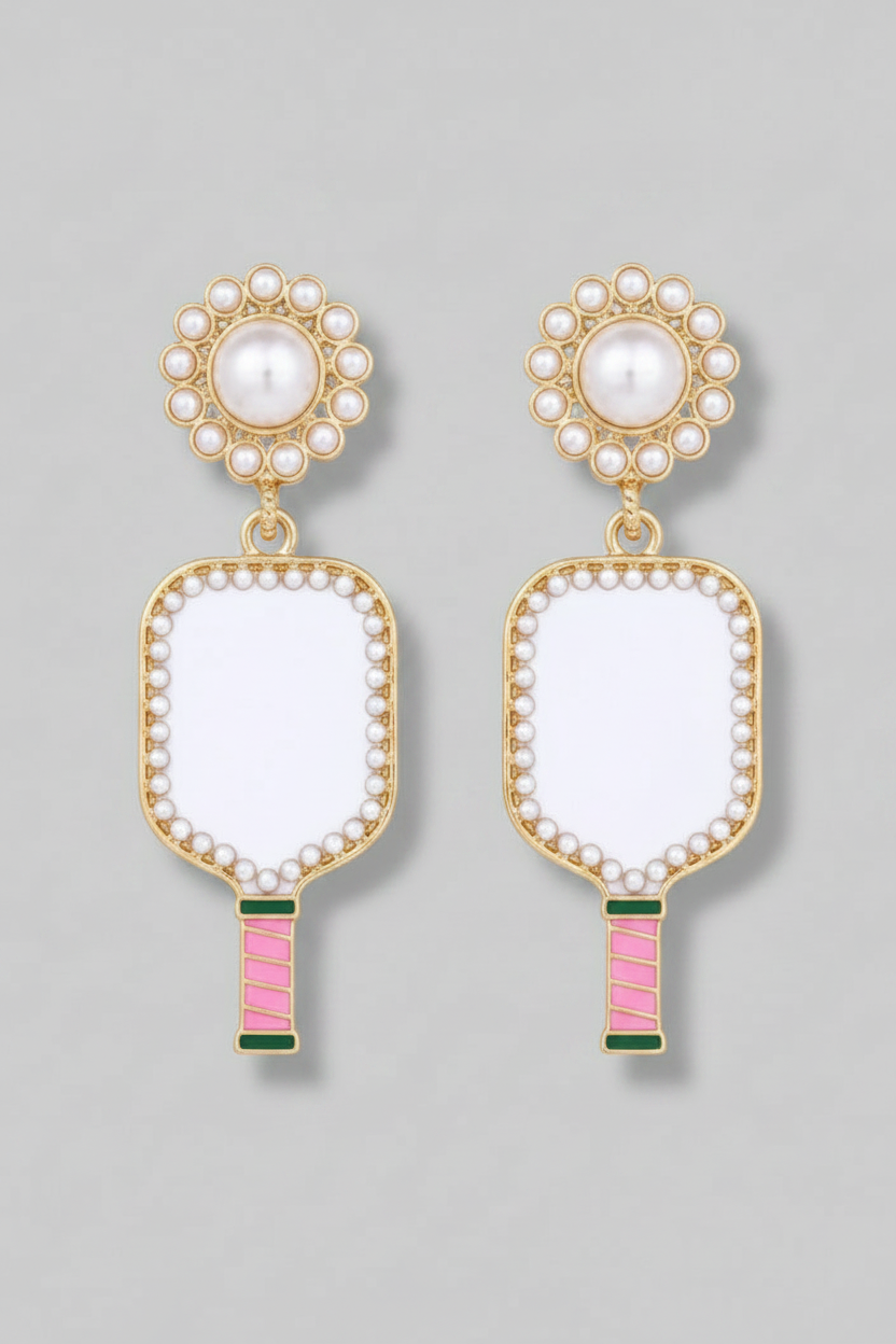 Pink and White Pickleball Earrings