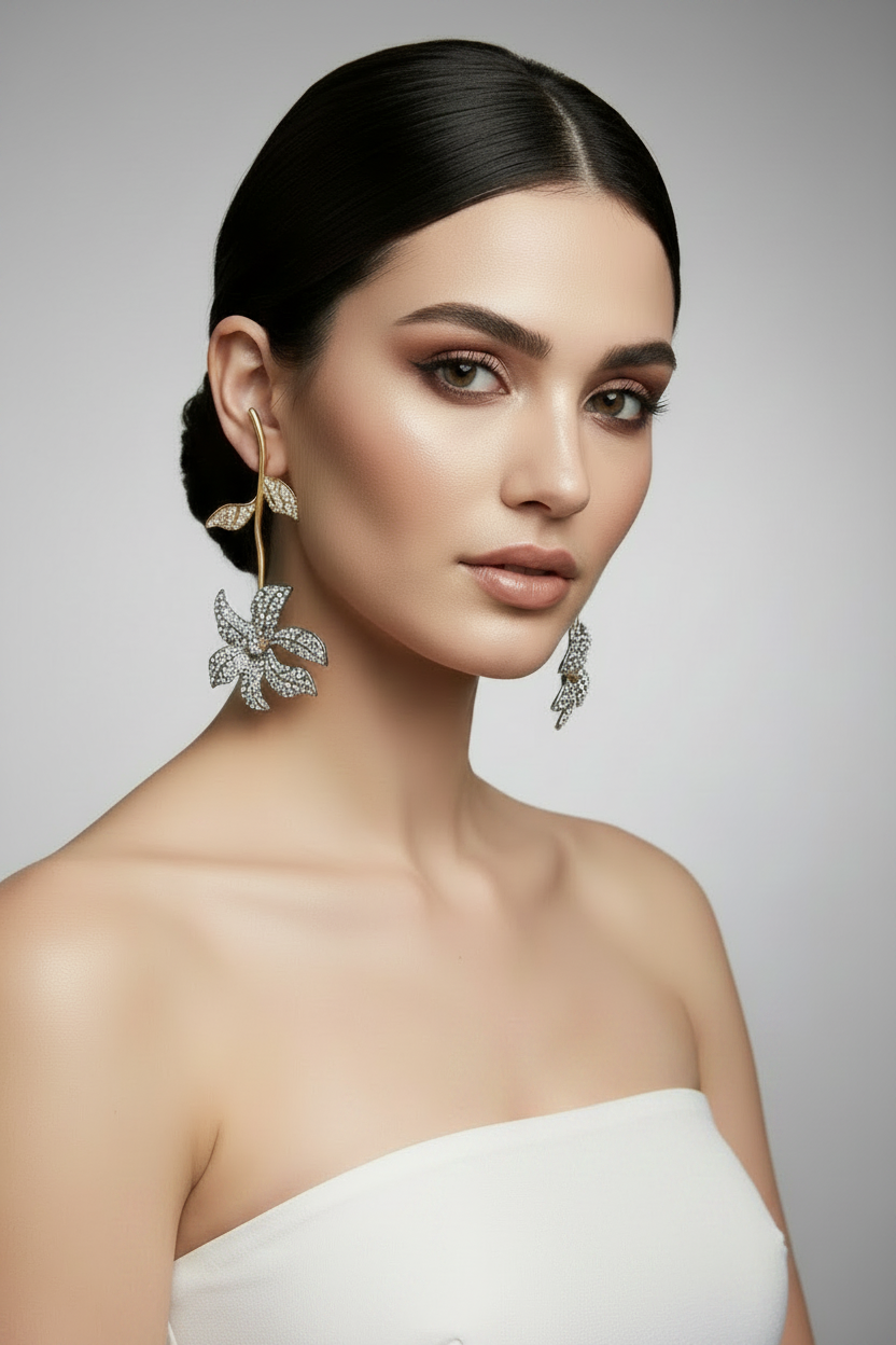 Silver and Gold Floral Drop Earrings
