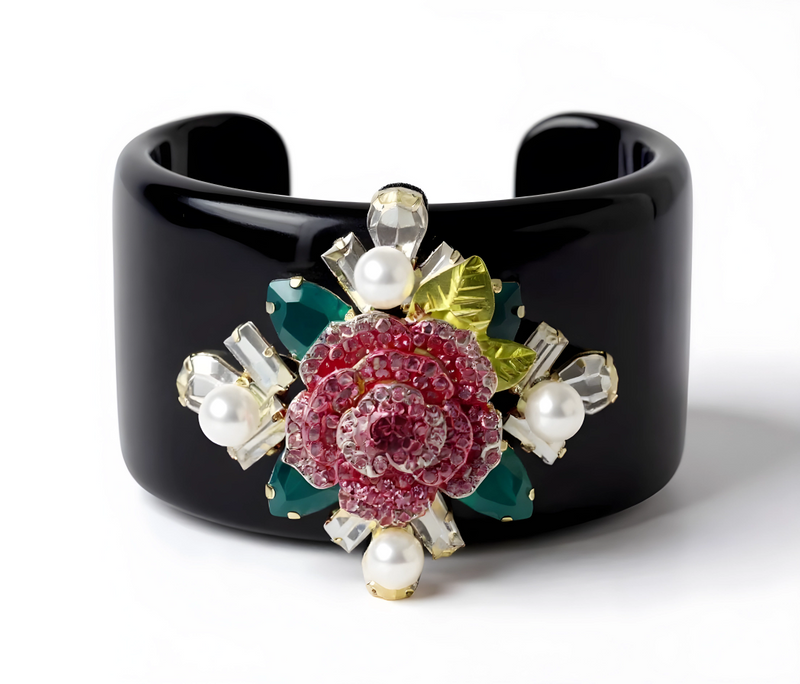 Black Cuff with Pink Flower