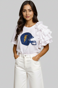 Blue and Gold Sequin Football Helmet Ruffle Sleeve Shirt