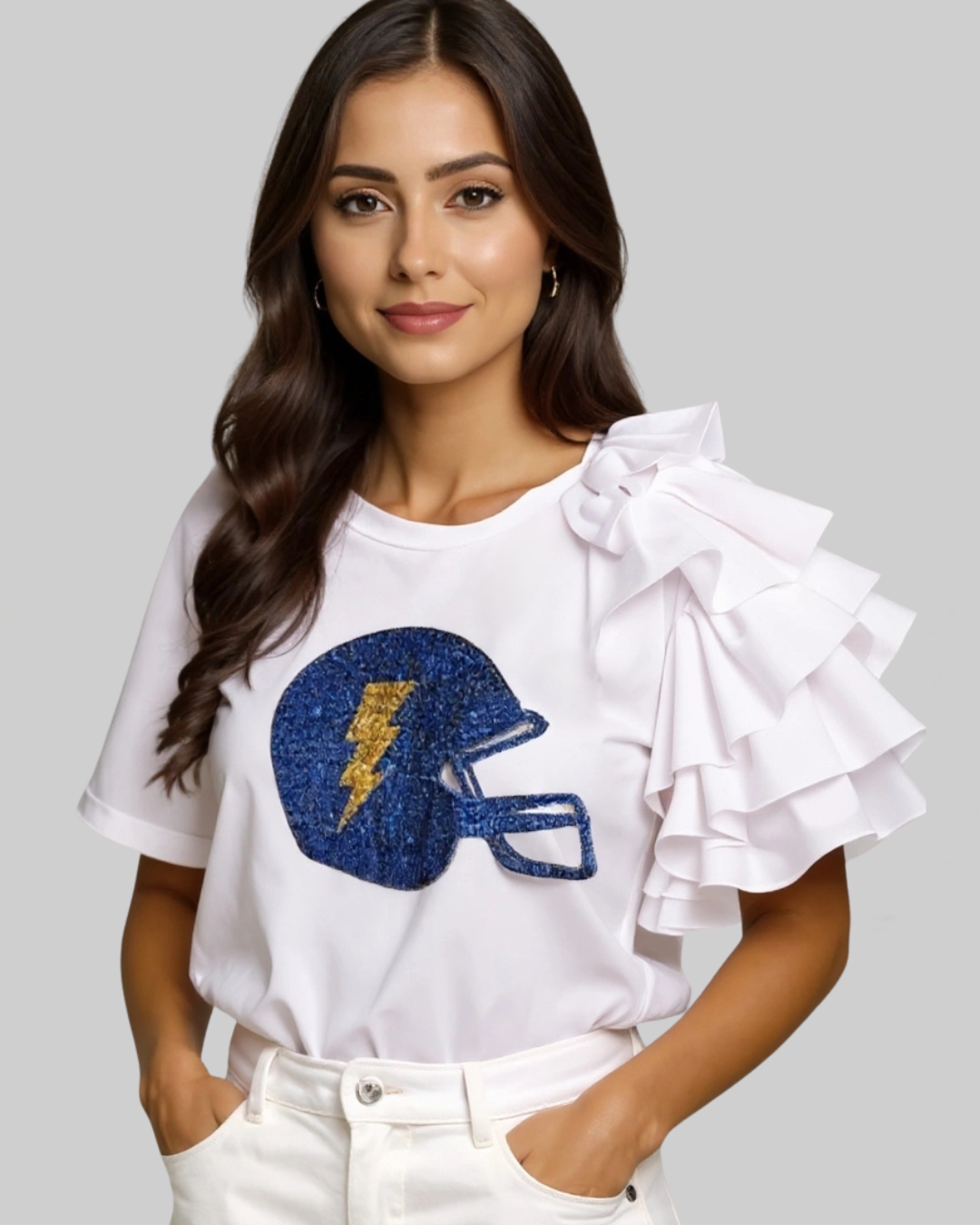 Blue and Gold Sequin Football Helmet Ruffle Sleeve Shirt