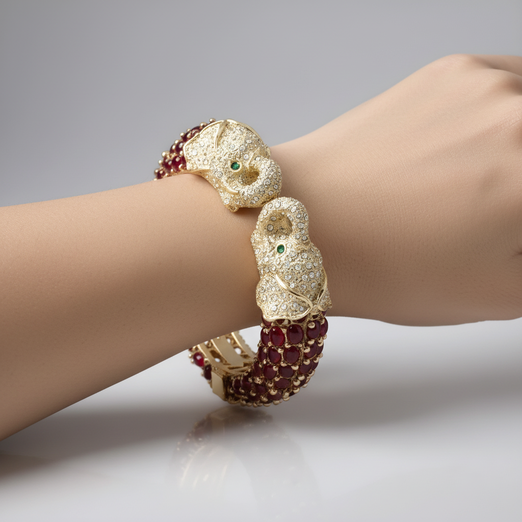 Red Double Head Elephant Cuff Bracelet