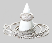 Sterling Silver Oval Diamond Encrusted Ring and 3 Wrap Bracelets