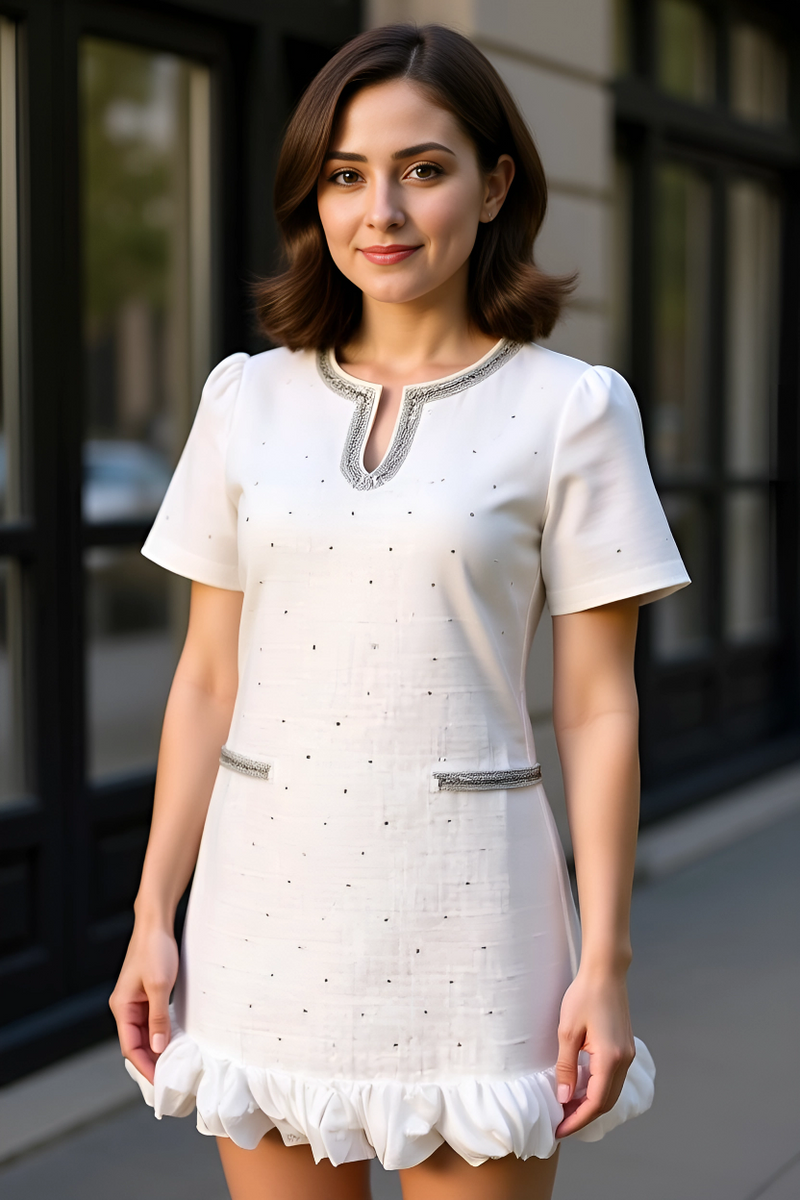 Silver Embellished Ivory Mini Dress