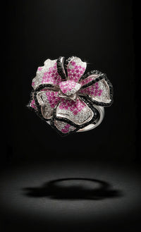 Sterling Silver Pink and Black Pave Flower Ring