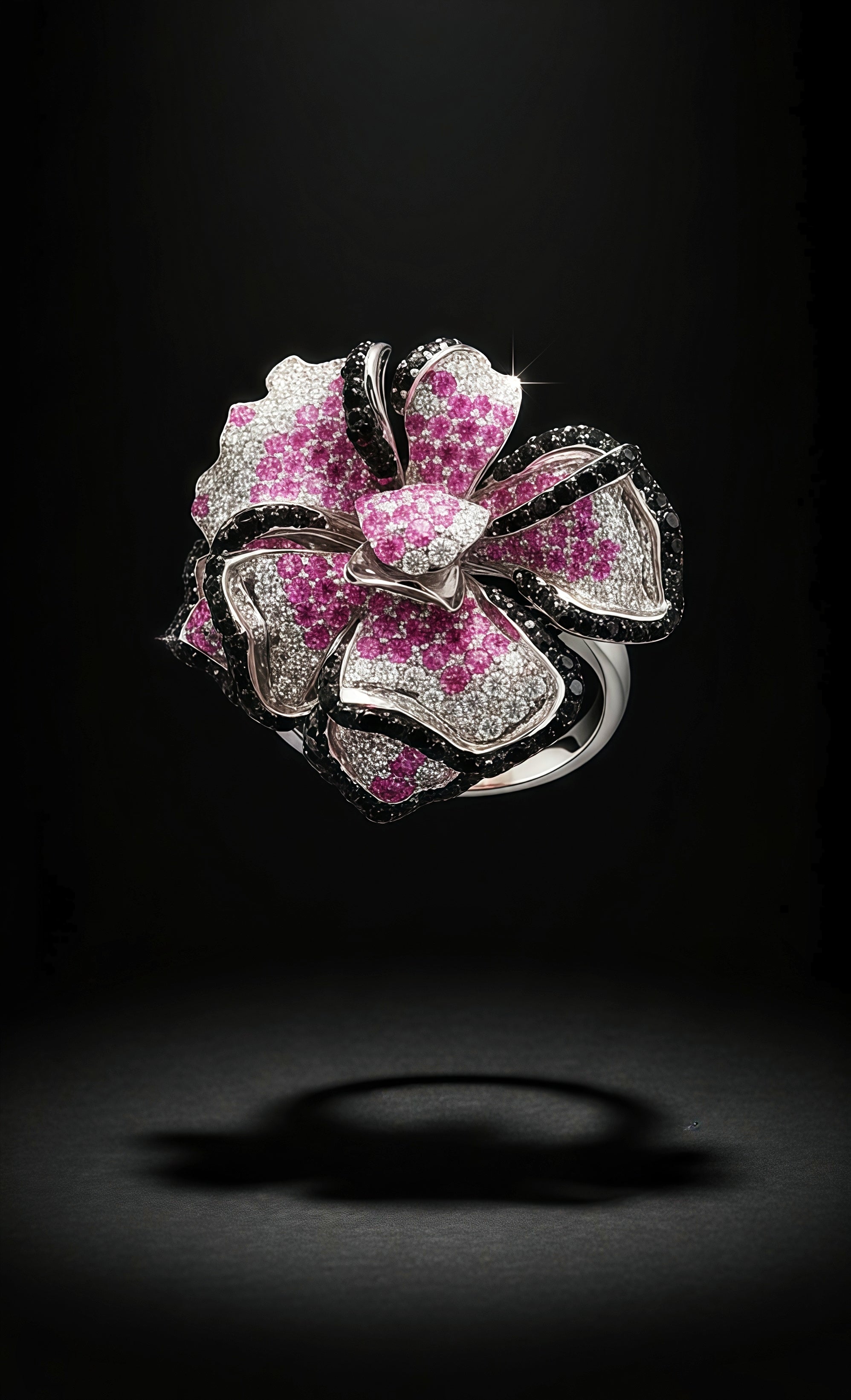 Sterling Silver Pink and Black Pave Flower Ring