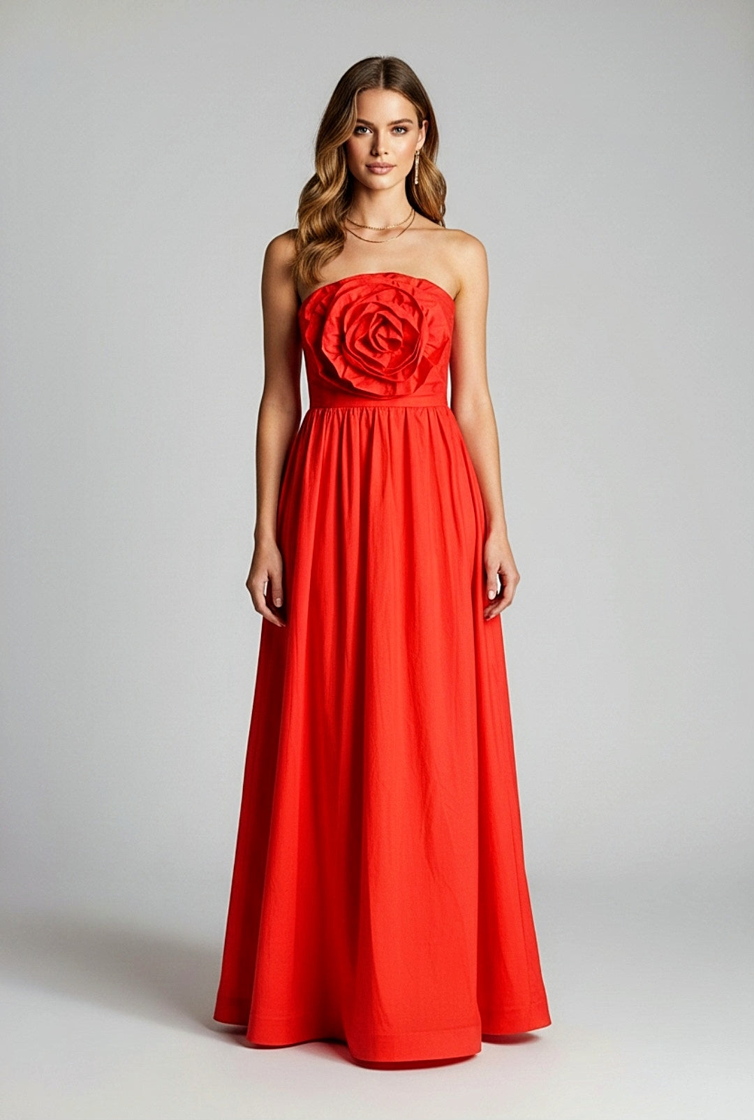 Red 3D Flower Halter Maxi Dress