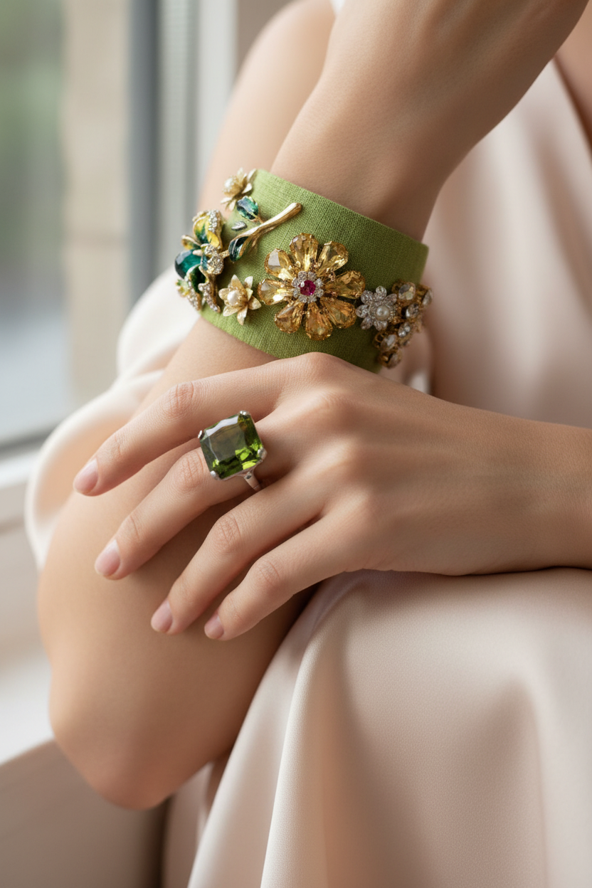 Light Green Flower Cuff and Sterling Silver Aquamarine Ring
