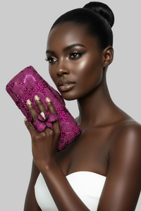 Fuchsia Pink Crystal Clutch, Sterling Silver Pave Orchid Ring and Earrings