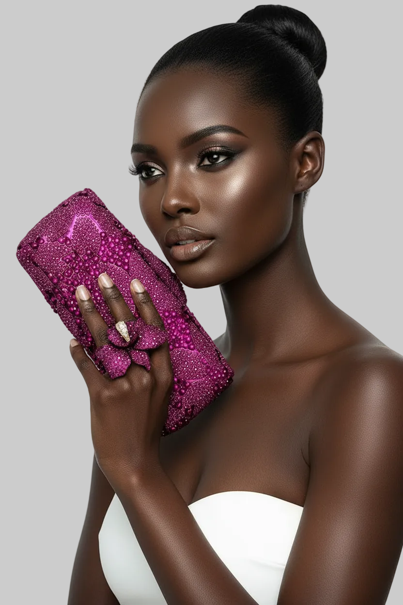 Fuchsia Pink Crystal Clutch, Sterling Silver Pave Orchid Ring and Earrings
