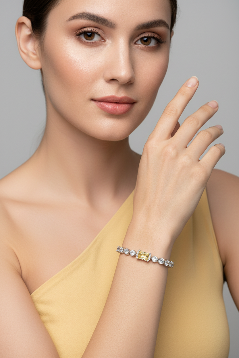 Sterling Silver Yellow and White Diamond Tennis Bracelet