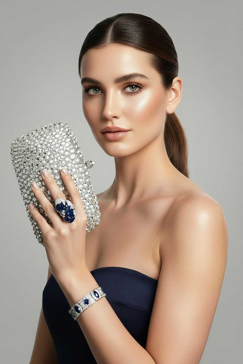 Silver Crystal Clutch Purse, Sterling Silver Half Butterfly Ring and Bracelet