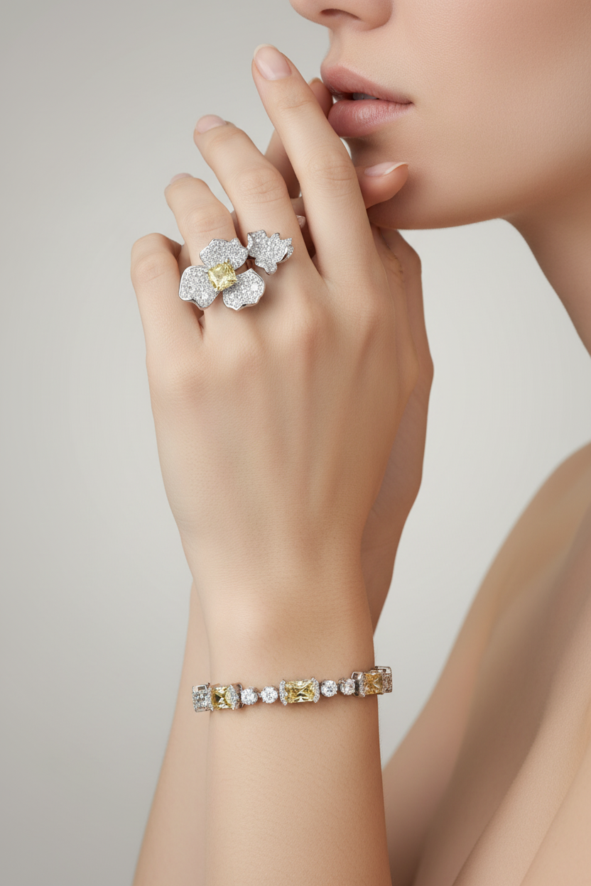 Sterling Silver Citrine Flower Ring and Tennis Bracelet