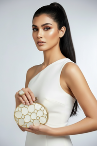Gold and White Mother of Pearl Honeycomb Clutch and Sterling Silver Gold Embellished Pearl Ring