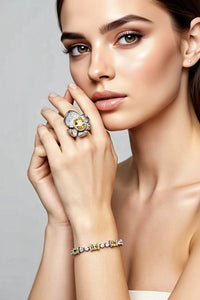 Sterling Silver Yellow Citrine Flower Ring and Tennis Bracelet