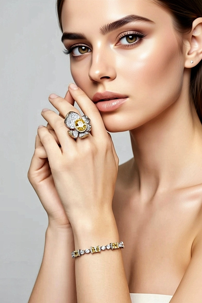 Sterling Silver Yellow Citrine Flower Ring and Tennis Bracelet