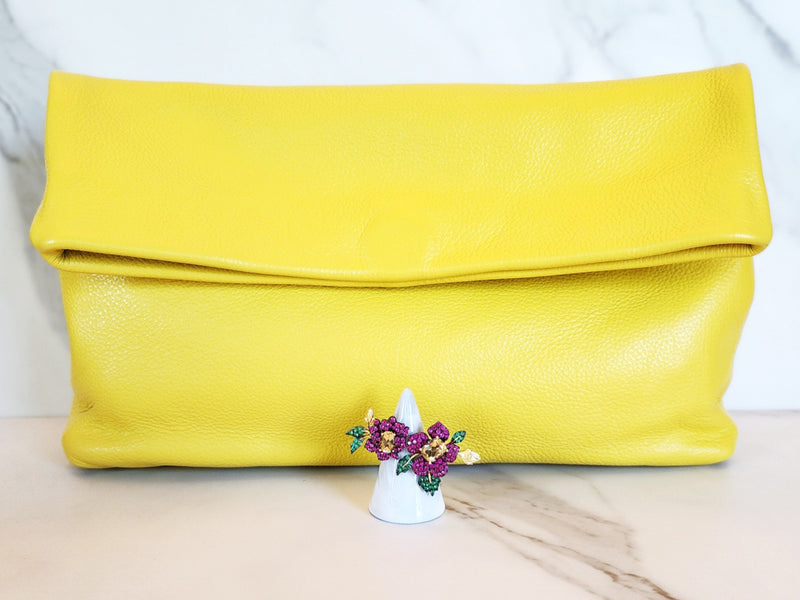 Yellow Leather Clutch and Sterling Silver Double Flower Ring