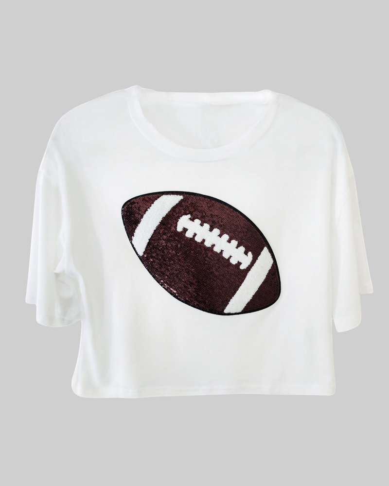 White Sequin Football Crop Top- Short Sleeve T-shirt