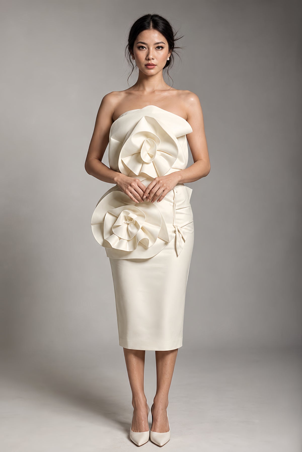 Cream 3D Flower Dress