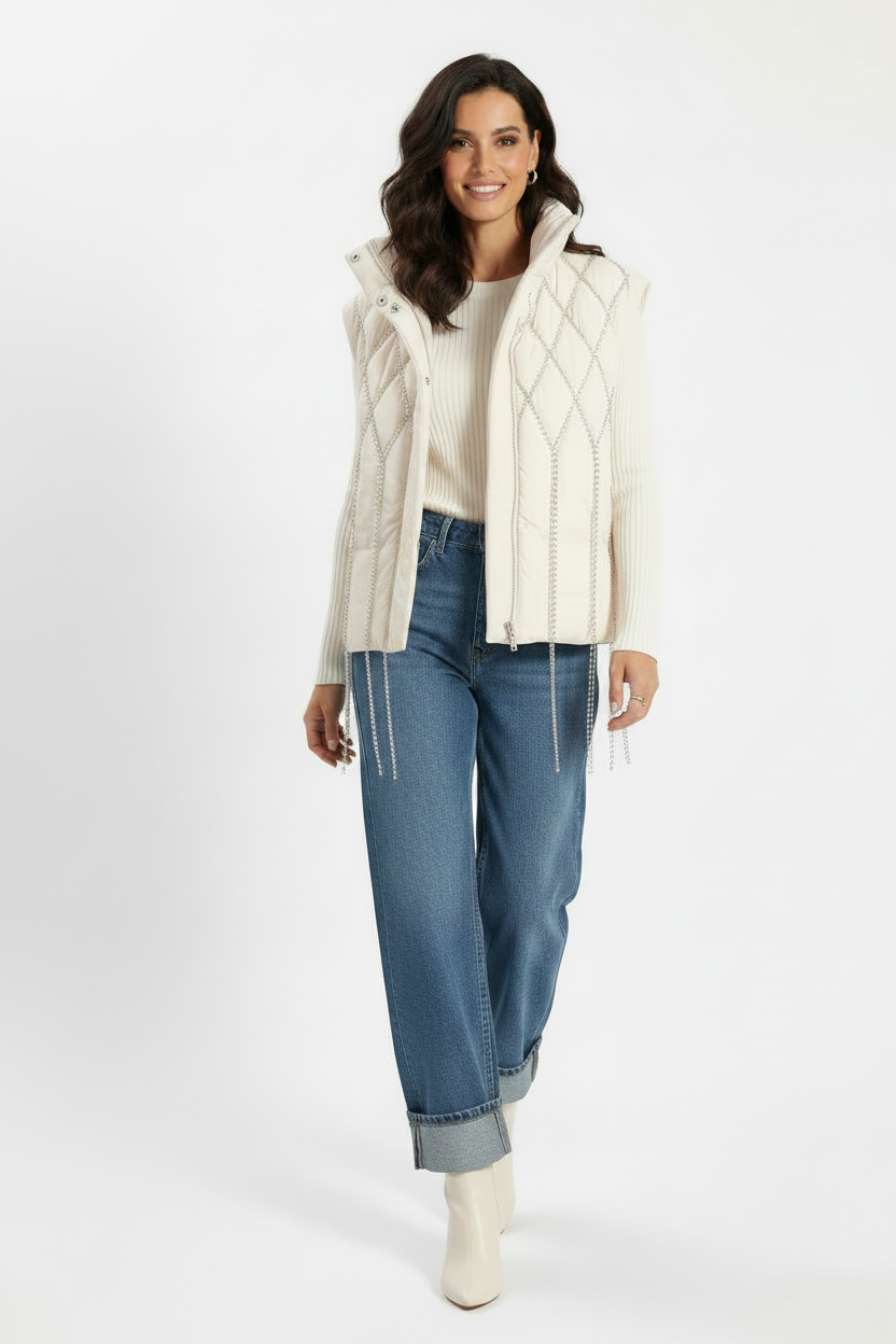 Ivory Jeweled Puffer Vest