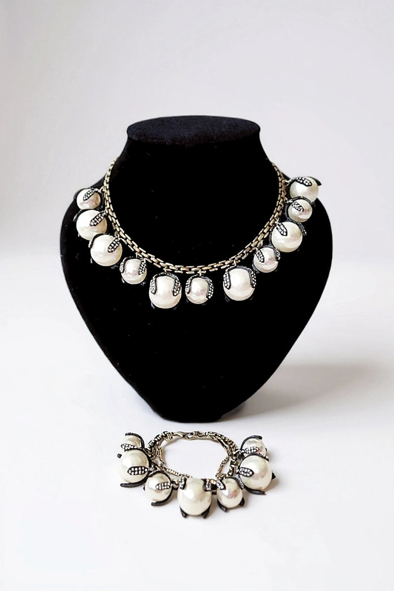 Black and White Embellished Ball Necklace and Bracelet