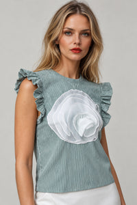 Green and White Pinstripe 3D Flower Shirt