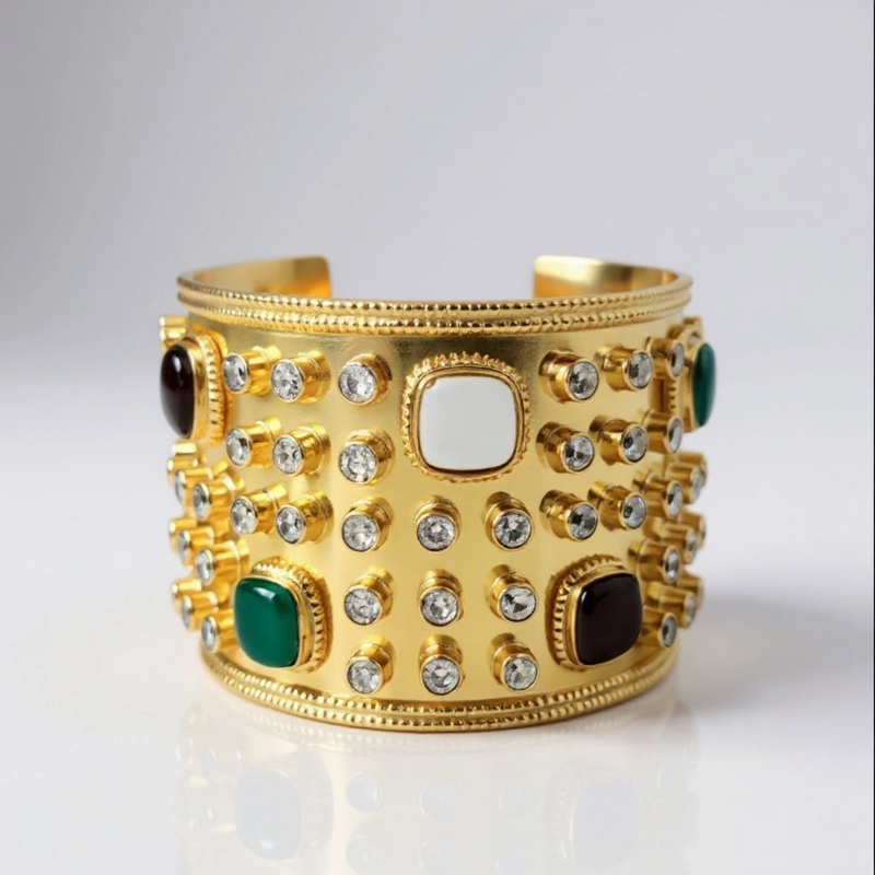 Pearl, Garnet and Quartz Gemstone 18K Gold Plated Rivet Cuff Bracelet