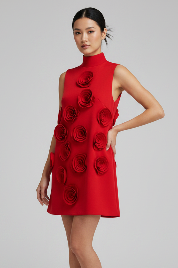 Red 3D Flower Shift Mini Dress