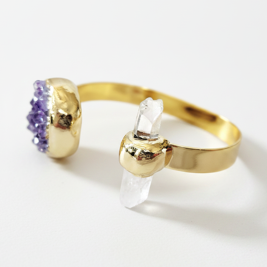 Natural Amethyst Drusy White Quartz Gold Cuff Bracelet