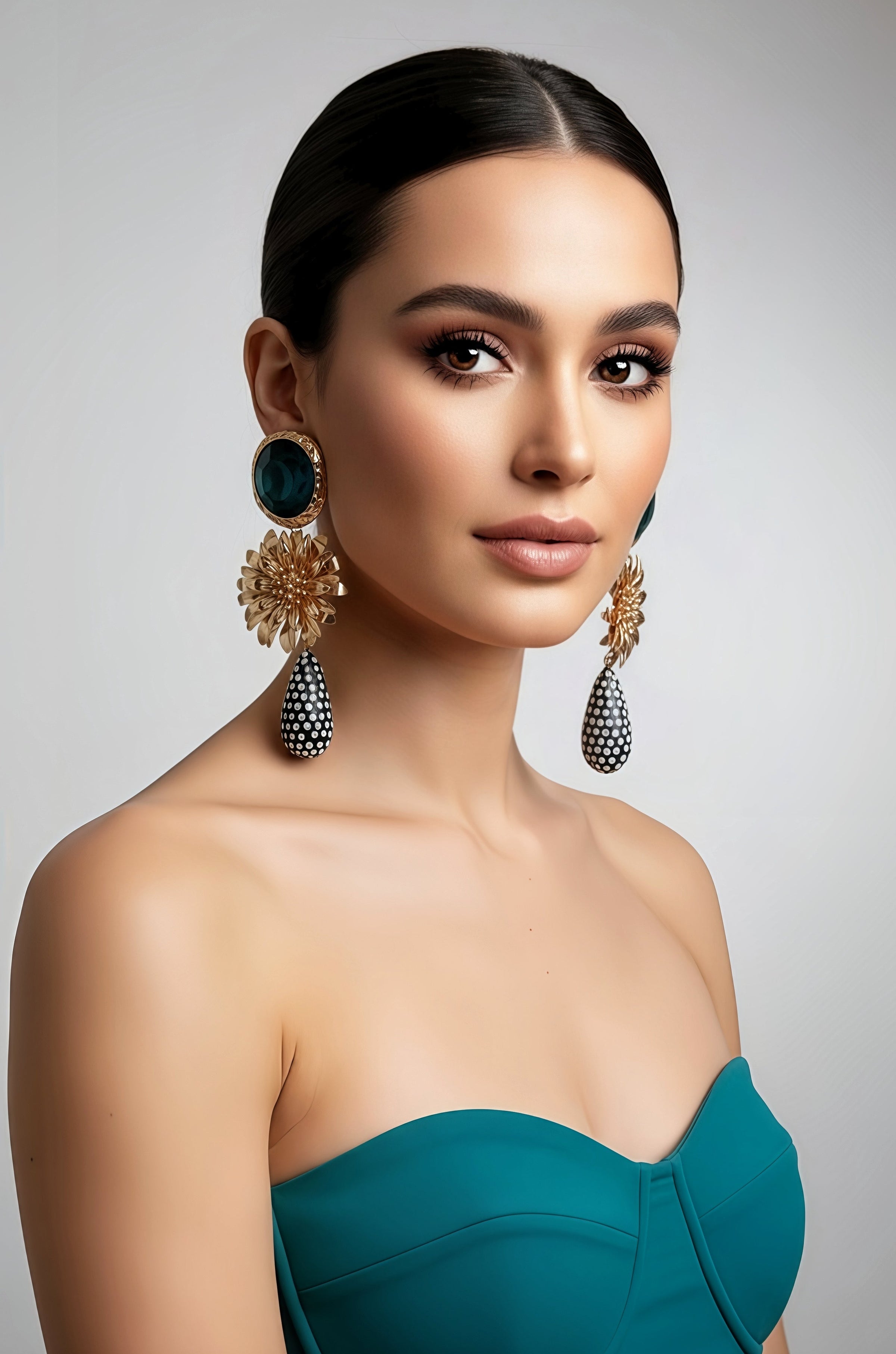 Teal Gold Dangle Earrings