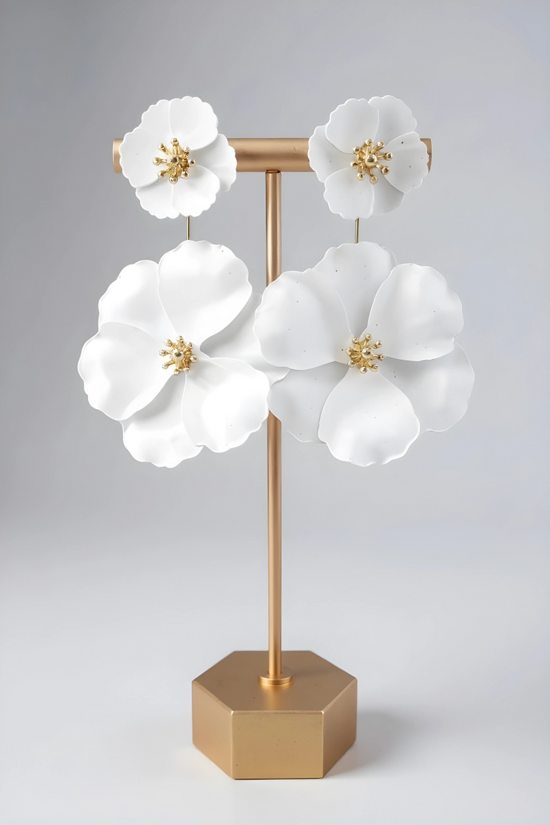 White Double Flower Dangle Earrings