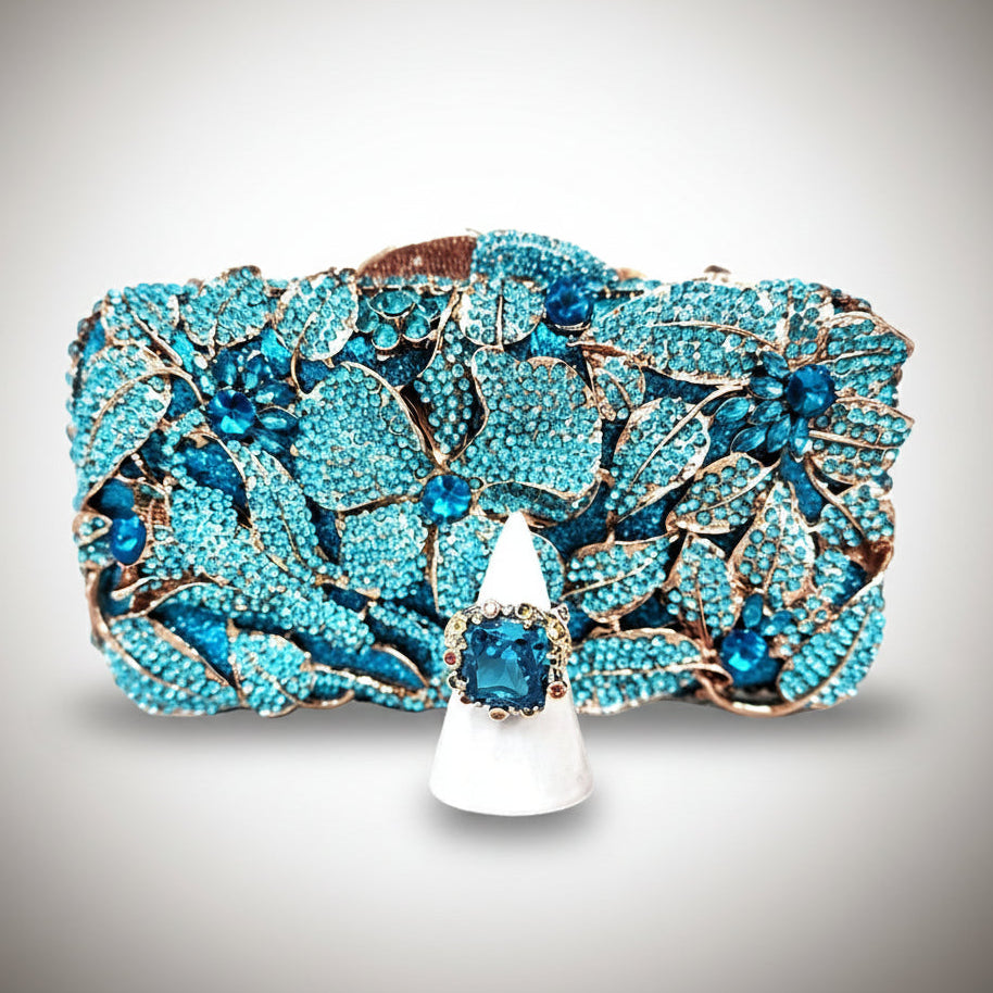 Blue Crystal Clutch Purse and Sterling Silver Ring