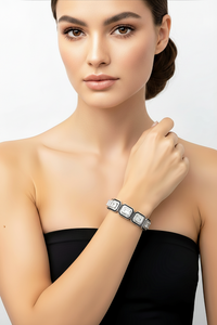 Sterling Silver Black Enamel Trimmed Emerald Cut Diamond Tennis Bracelet