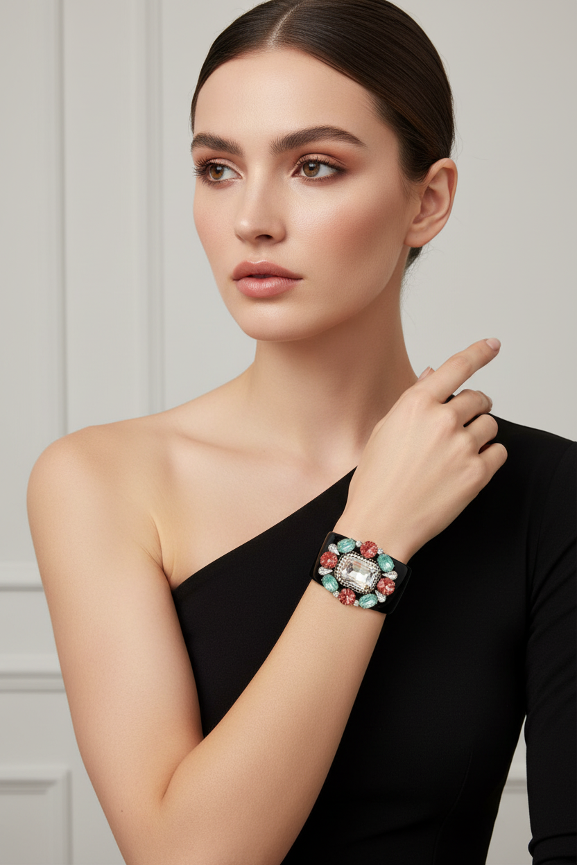 Black Multicolored Jeweled Cuff Bracelet