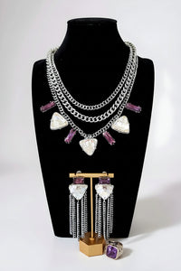 Silver and Purple Crystal Necklace and Earrings. Sterling Silver Amethyst Ring