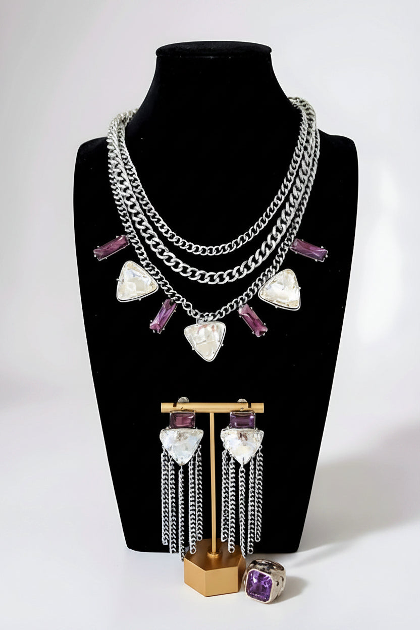 Silver and Purple Crystal Necklace and Earrings. Sterling Silver Amethyst Ring