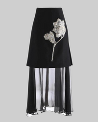 Black Beaded Silver Flower Embellished Skirt