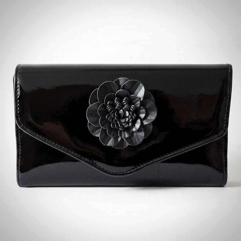 Black Patent 3D Flower Clutch