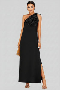 Black 3D Flower One Shoulder Maxi Dress