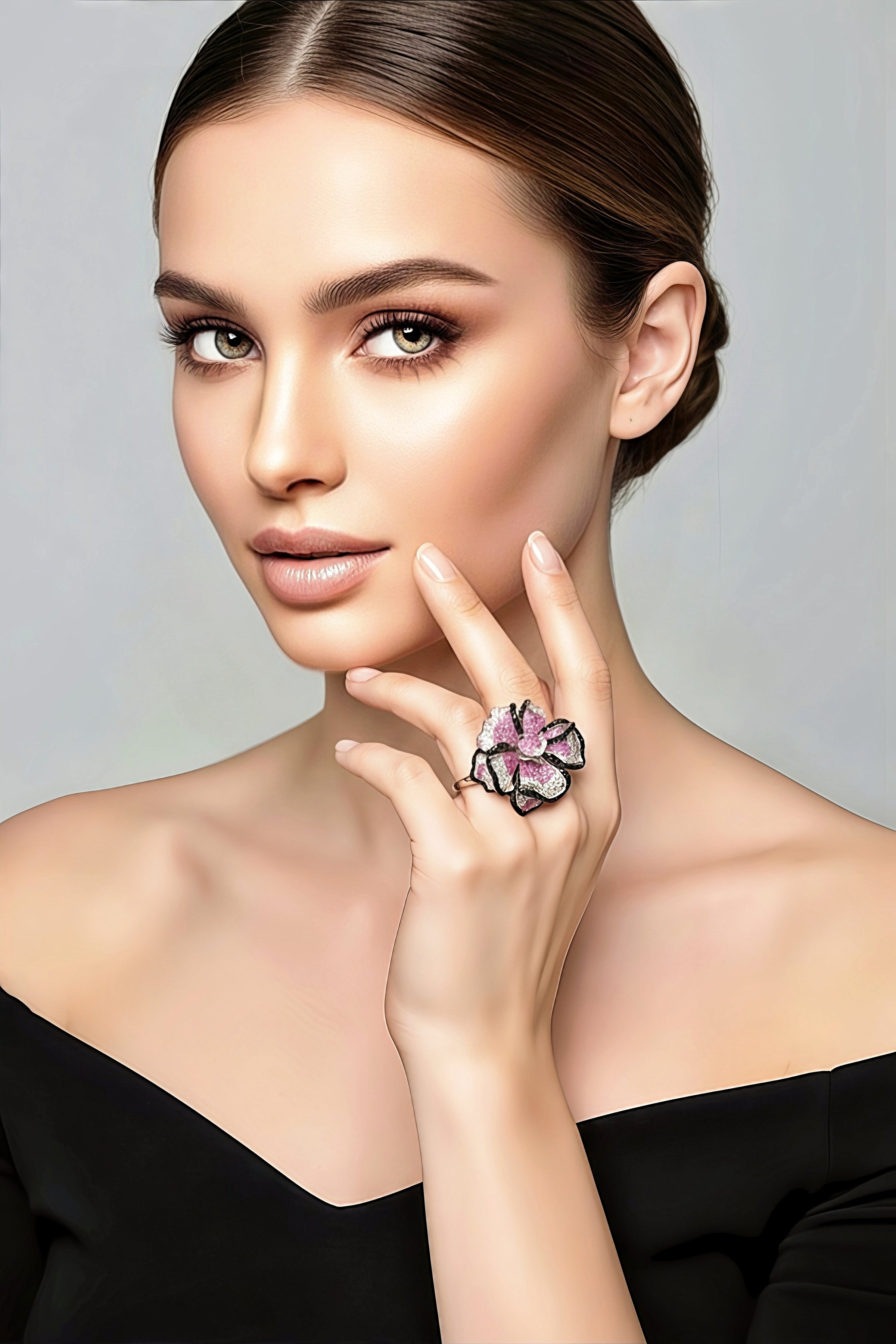 Sterling Silver Pink and Black Pave Flower Ring