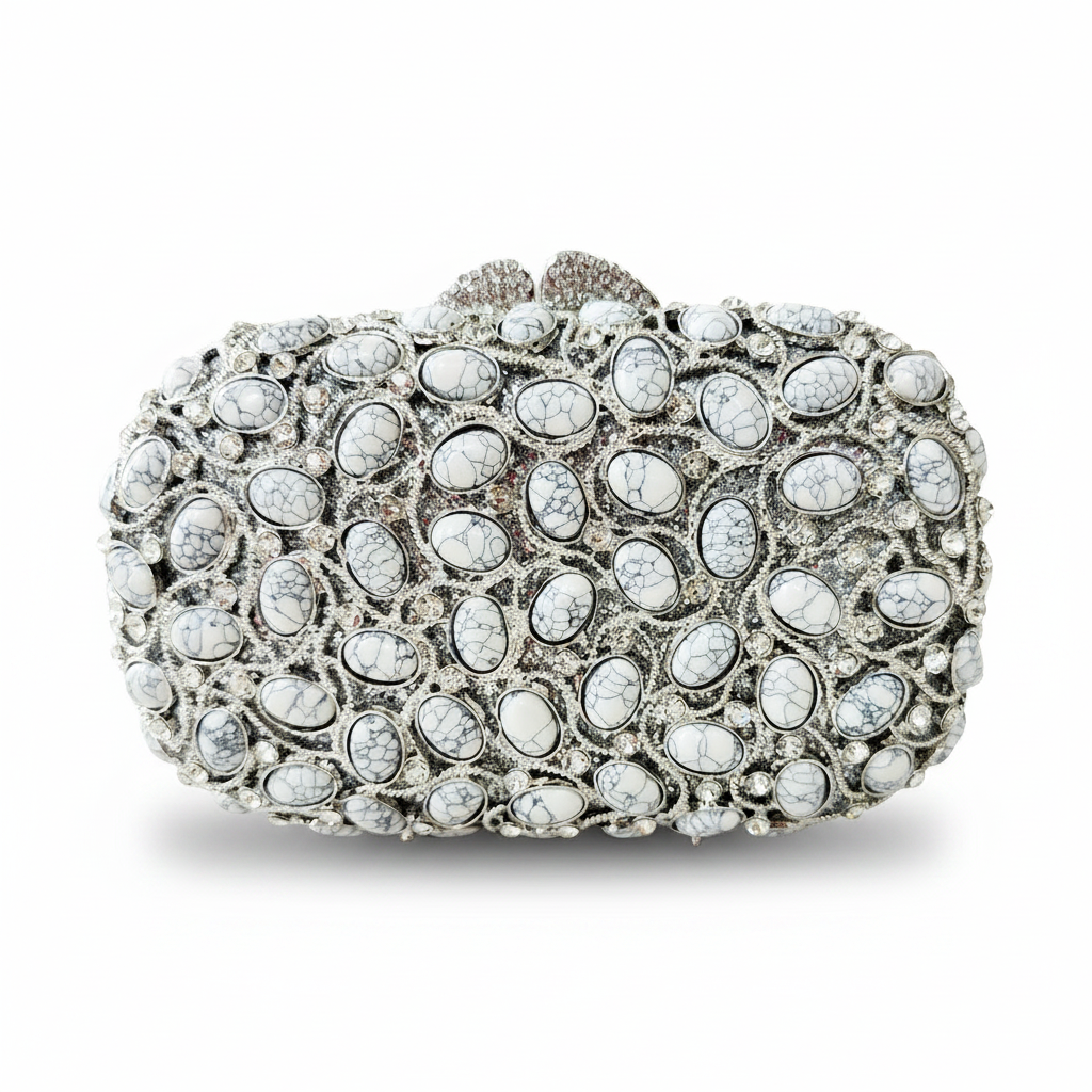 Silver Marble Stone Clutch, Sterling Silver Cuff Bracelet, Beaded Bracelet and Ring