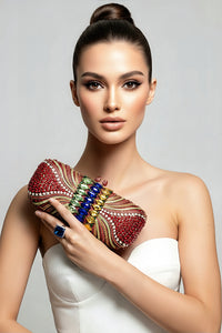 Red Multicolored Crystal Clutch Purse, Sterling Silver Sapphire Ring and Bracelet