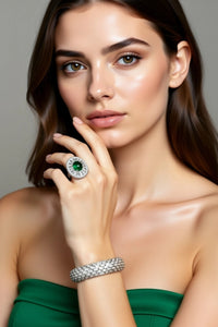 Sterling Silver Green Lily Pad Ring and Diamond Cuff Bracelet