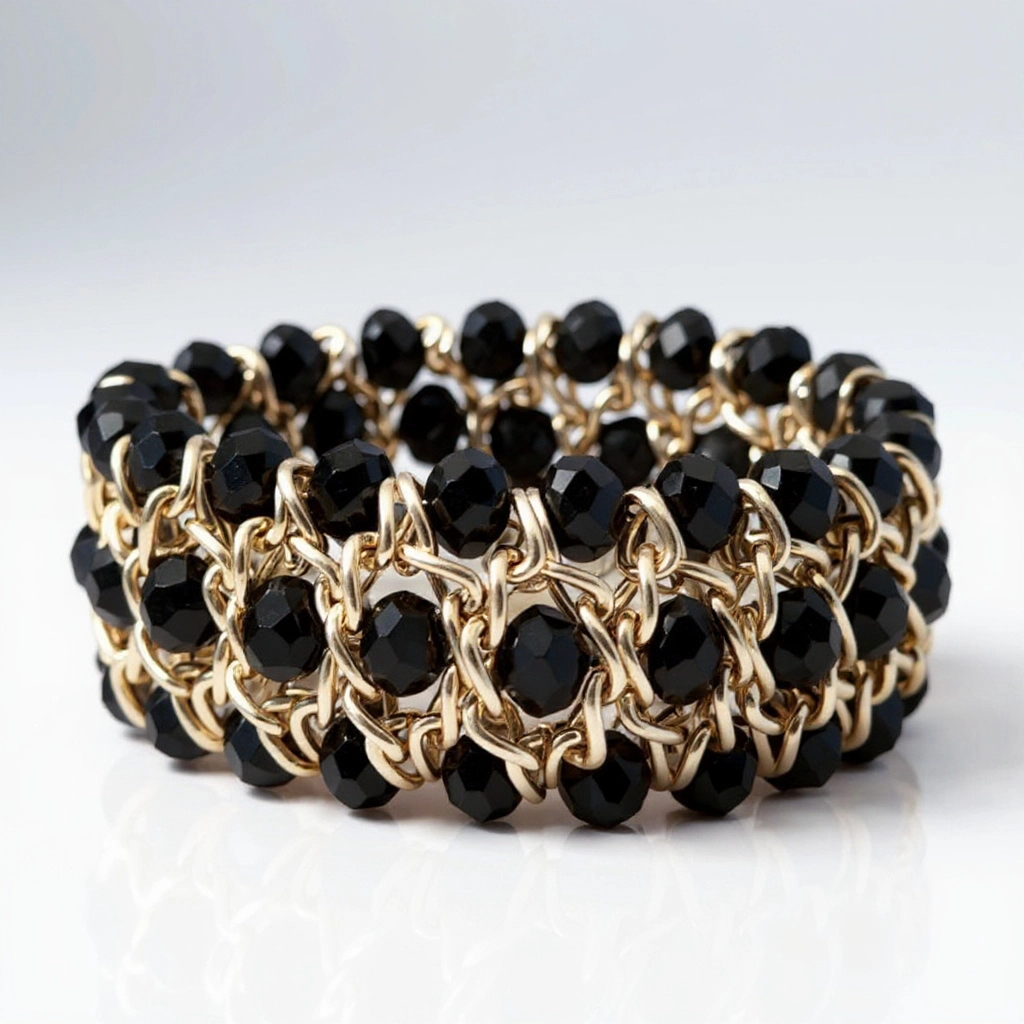 Black and Gold Beaded Stretch Bracelet