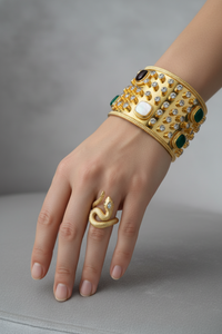 Pearl, Garnet and Quartz 18K Gold Plated Rivet Cuff and Gold Plated Snake Ring Combination
