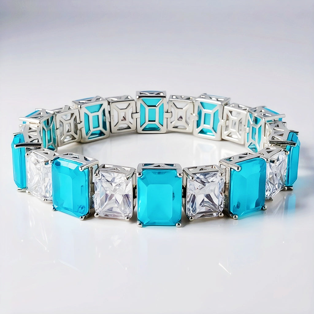 Sterling Silver Paraiba Tourmaline Diamond Tennis Bracelet
