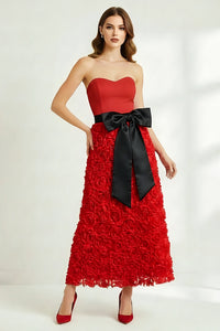 Red 3D Flower Full Length Skirt