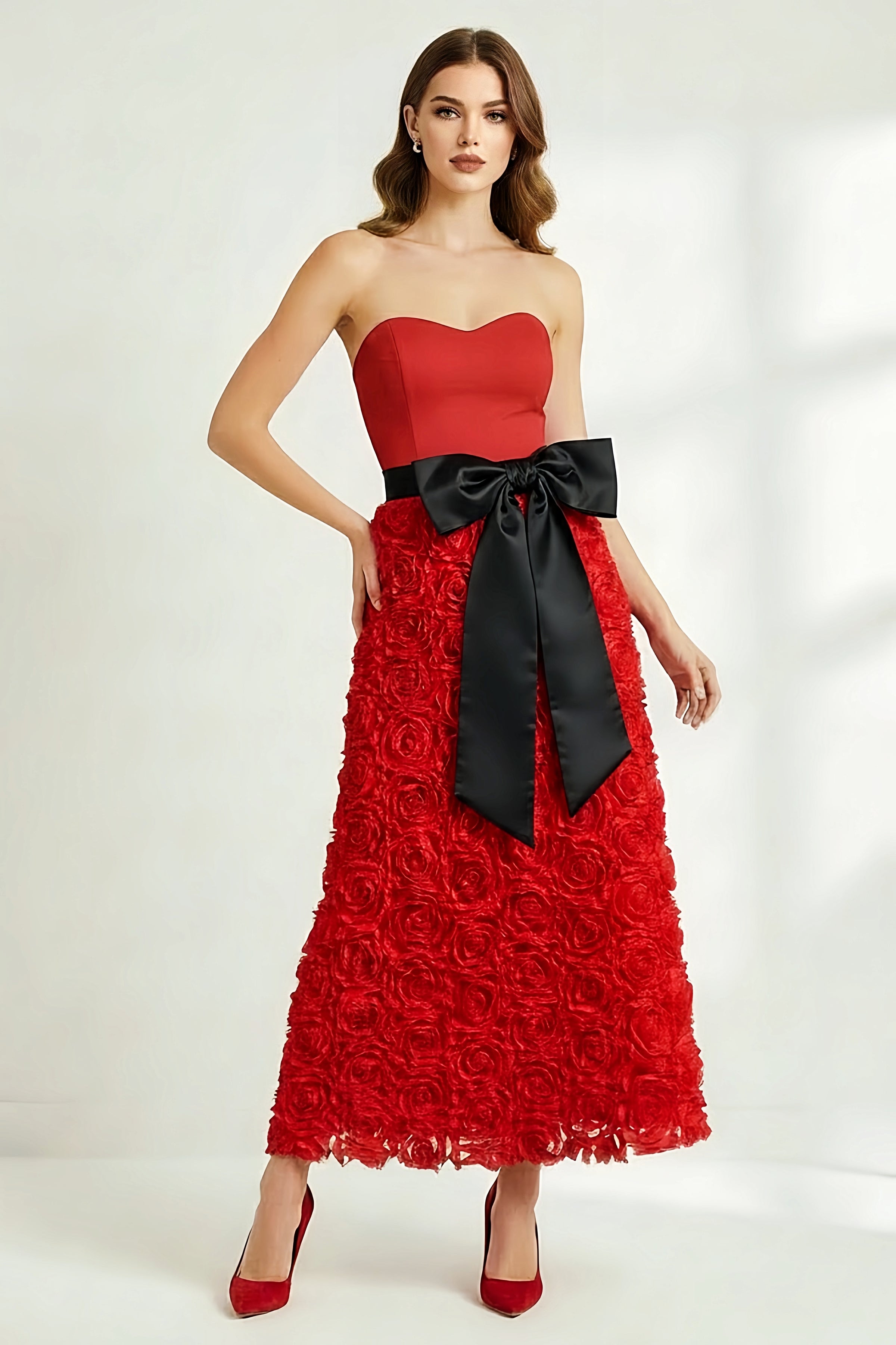 Red 3D Flower Full Length Skirt